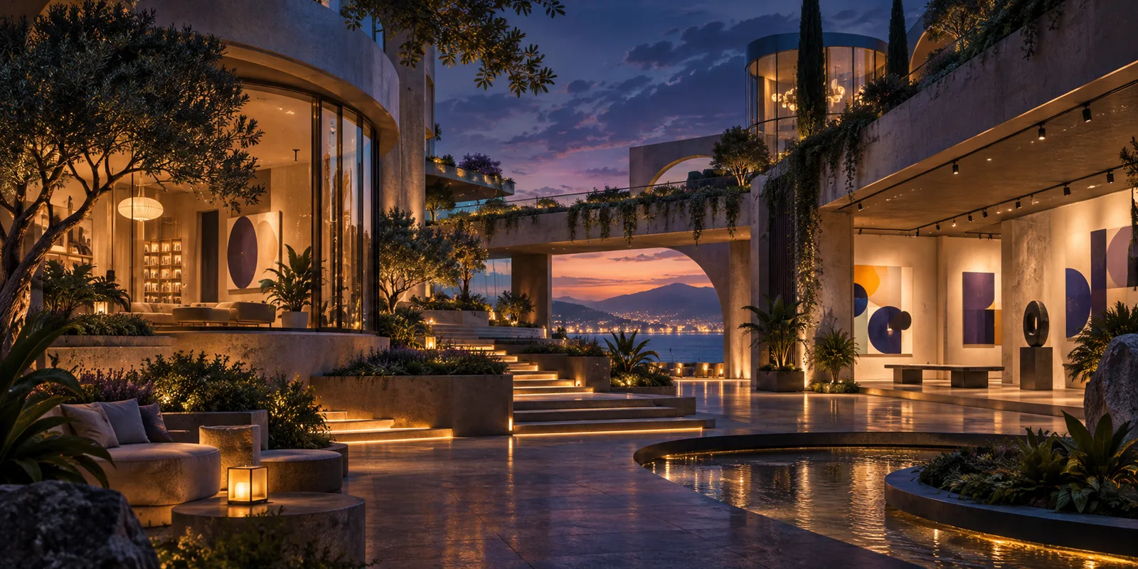 An imagined garden retreat at dusk, with amber-lit galleries and inviting paths through a planted courtyard.
