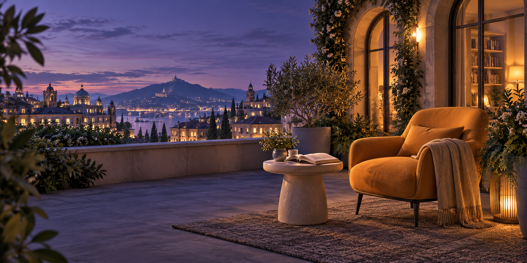 An empty amber armchair and open book on a quiet terrace overlooking the city at dusk.