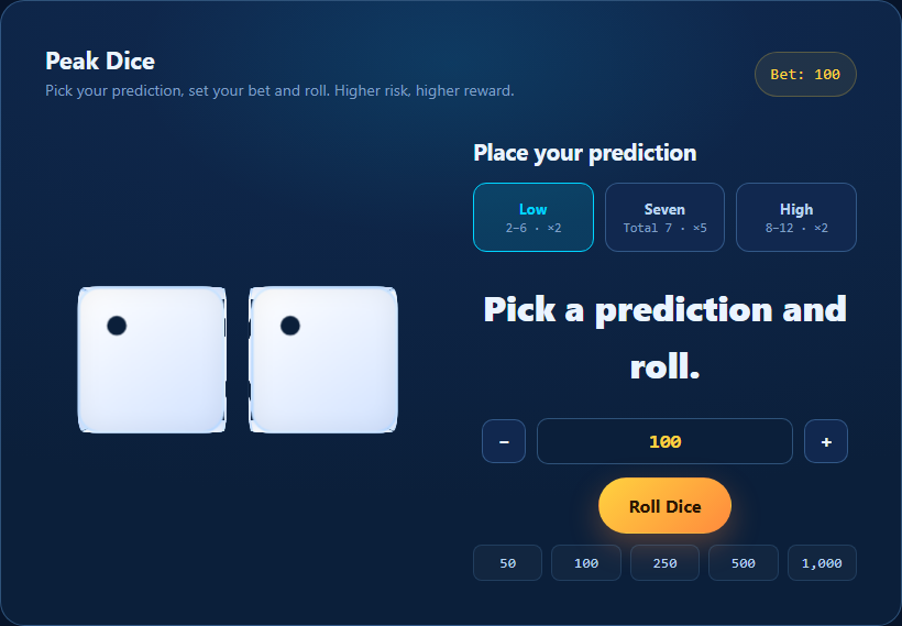 Peak Dice’s current dice and prediction controls